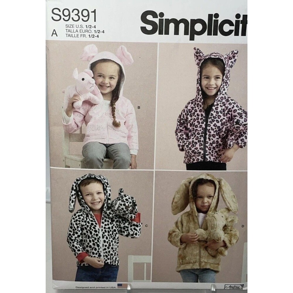Simplicity S9391 Toddler Jacket Plush Animal Sewing Pattern Size 1/2-4 Uncut New